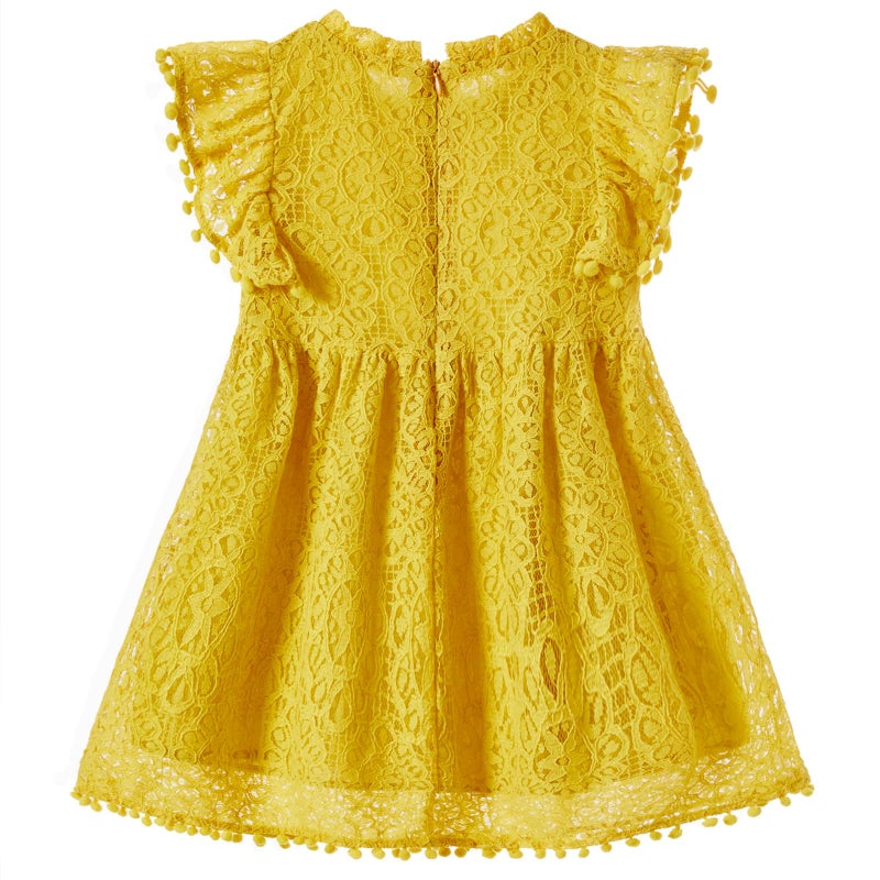Niyage Toddler Girls Elegant Lace Pom Pom Flutter Sleeve Party Princess Dress Mustard Yellow 100 - Image 2